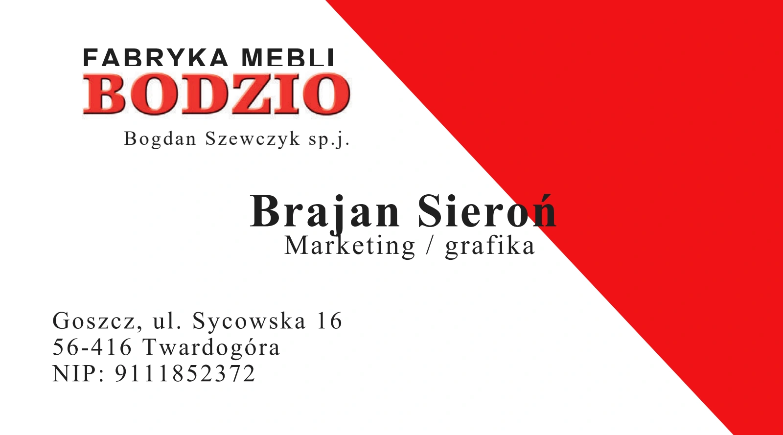 Awers wizytówki Bodzio — wariant prezentacyjny Brajan Sieroń