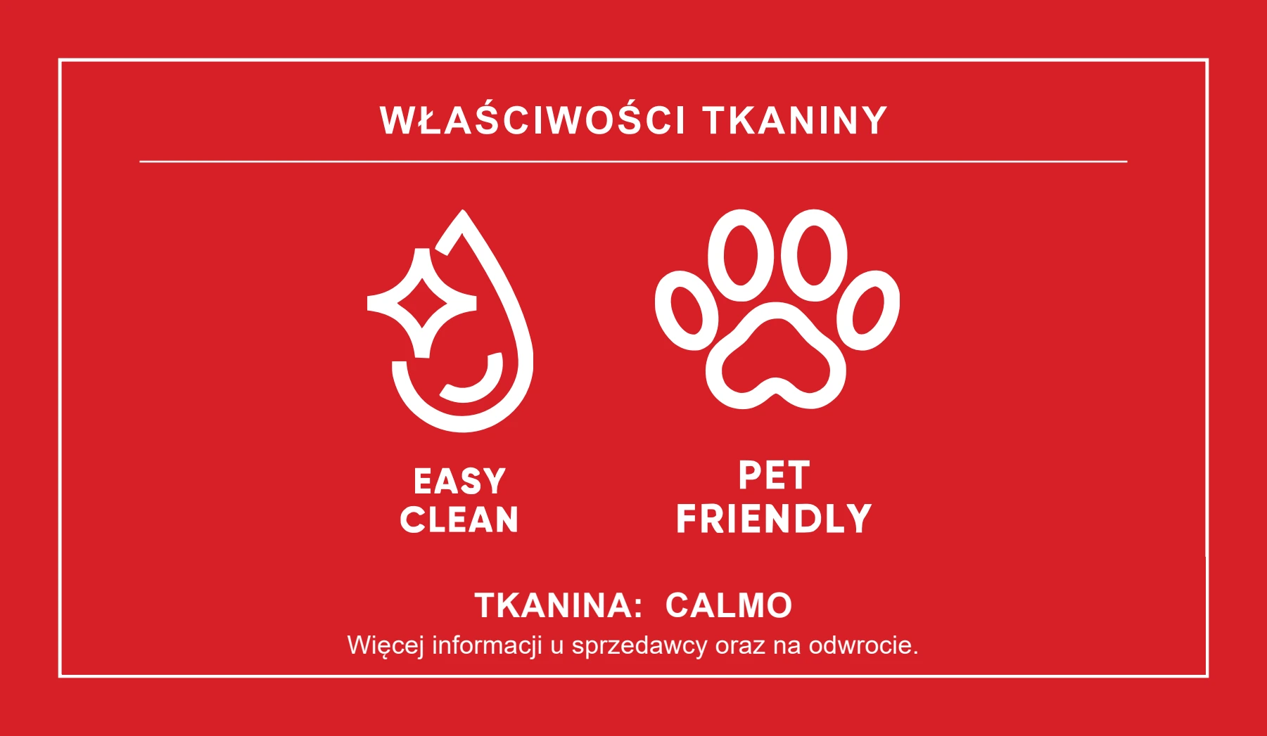 Karta tkaniny Calmo z piktogramami właściwości