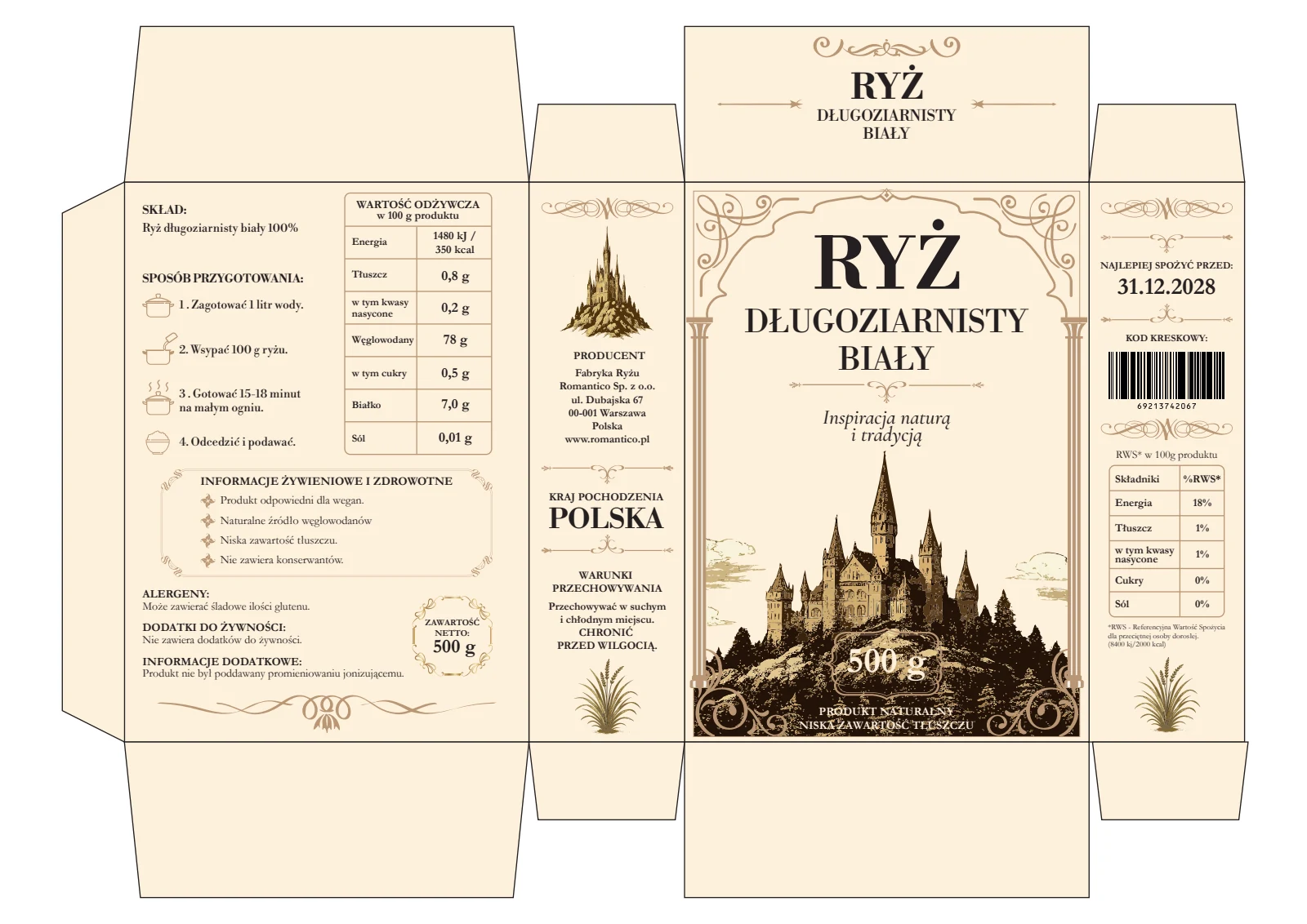 Kremowy projekt opakowania ryżu z ornamentami i ilustracją zamku na wykrojniku