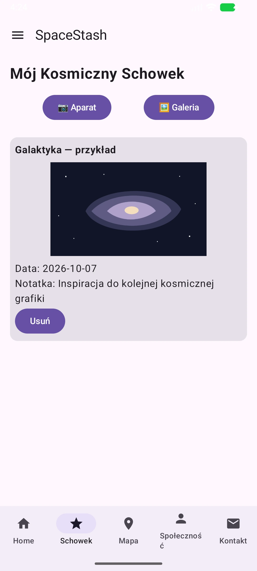 SpaceStash — zapisany obraz z notatką, wersja demonstracyjna