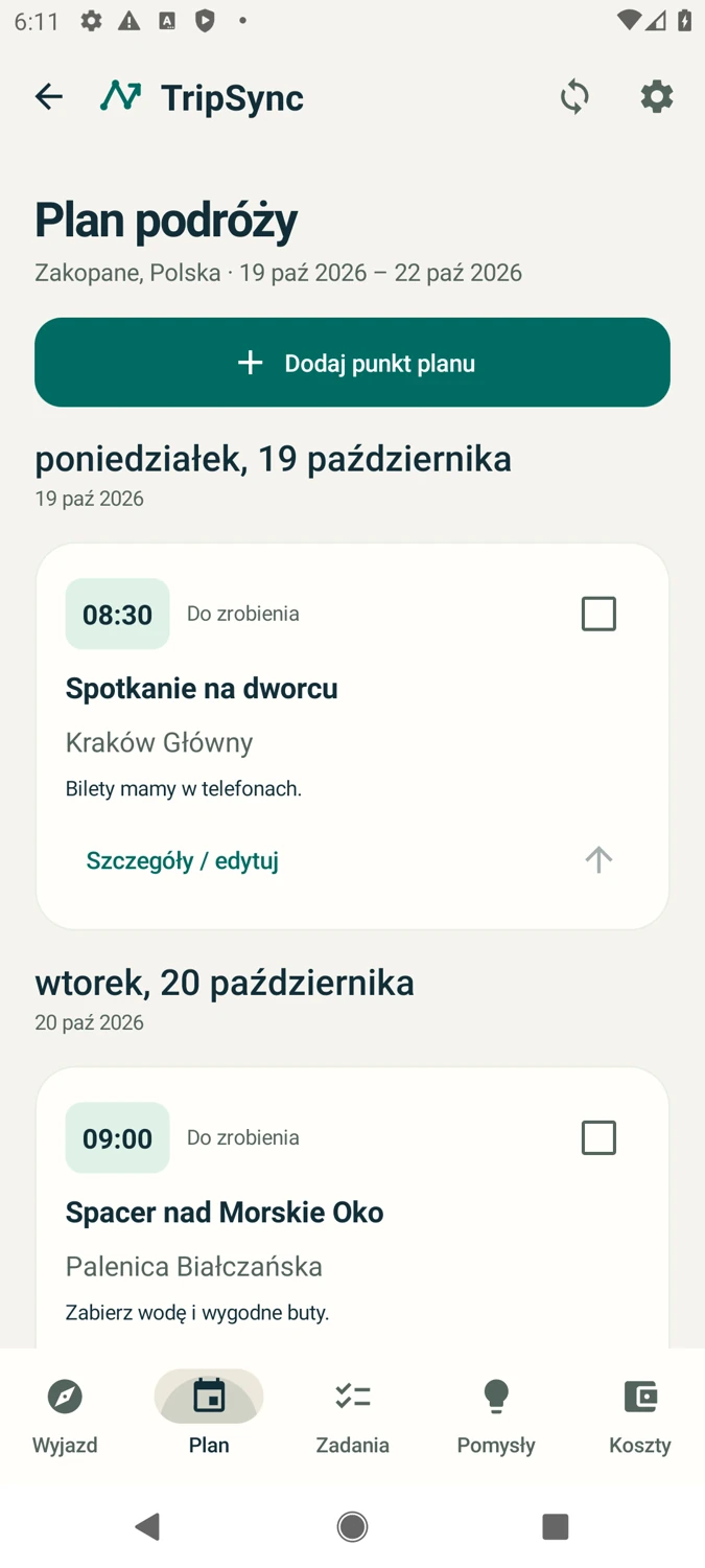 TripSync — ekran aplikacji
