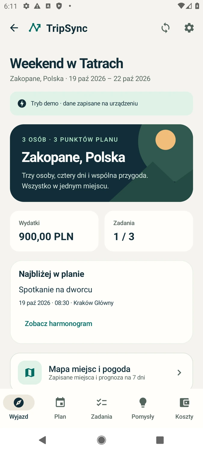 TripSync — ekran aplikacji